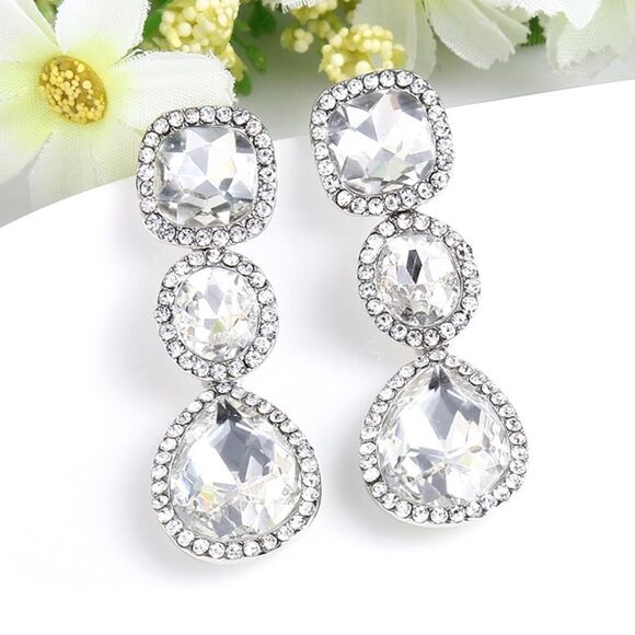 Silver with White Diamond Austrian Crystal Dangling Chandelier Post Earrings - Picture 2 of 4